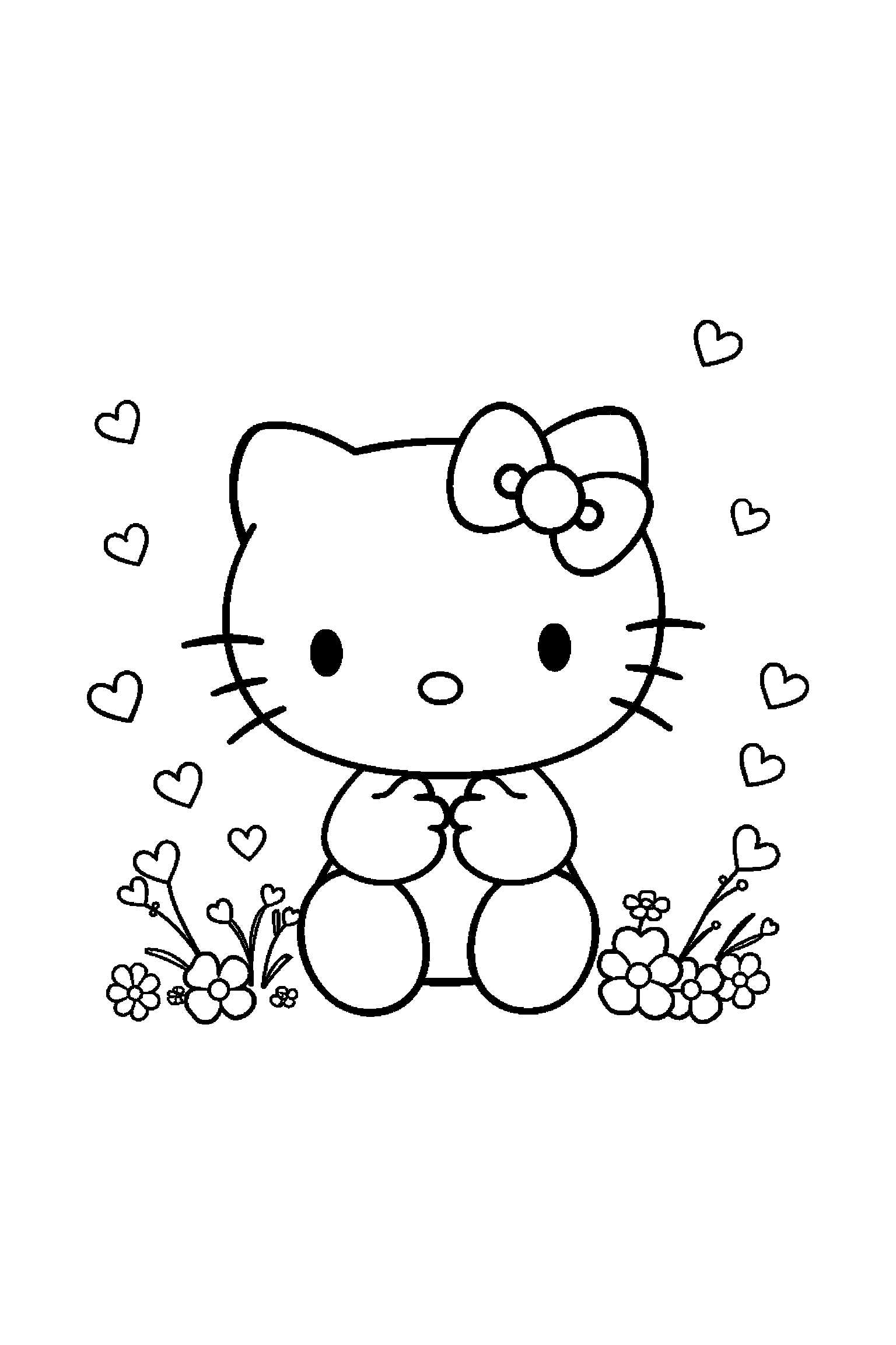 Coloriage Hello Kitty gratuit à imprimer : Hello Kitty assis qui sourit de tout son cœur