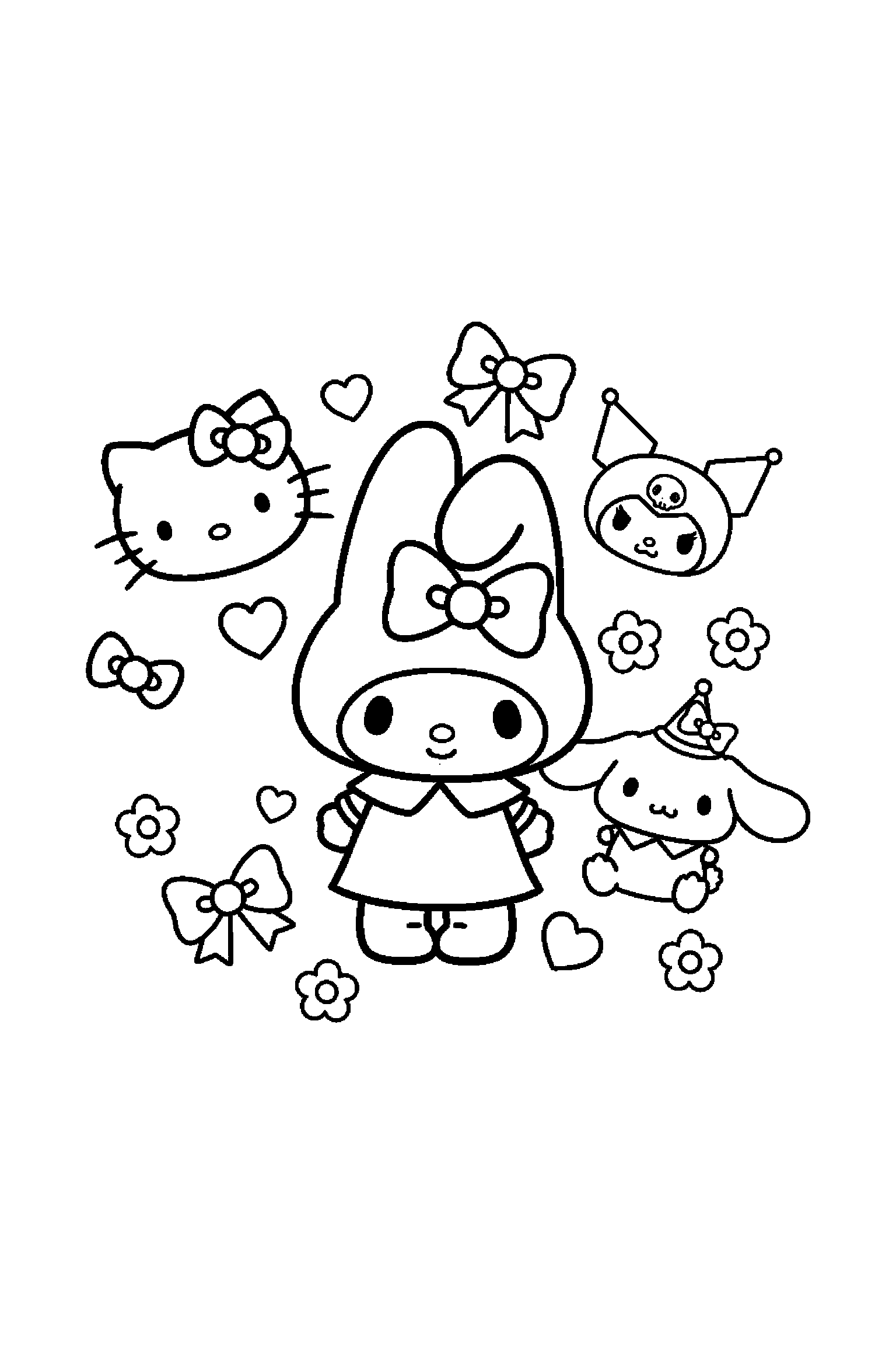 Coloriage Hello Kitty gratuit à imprimer : My Melody debout avec les deux bras visibles et bien attachés au corps