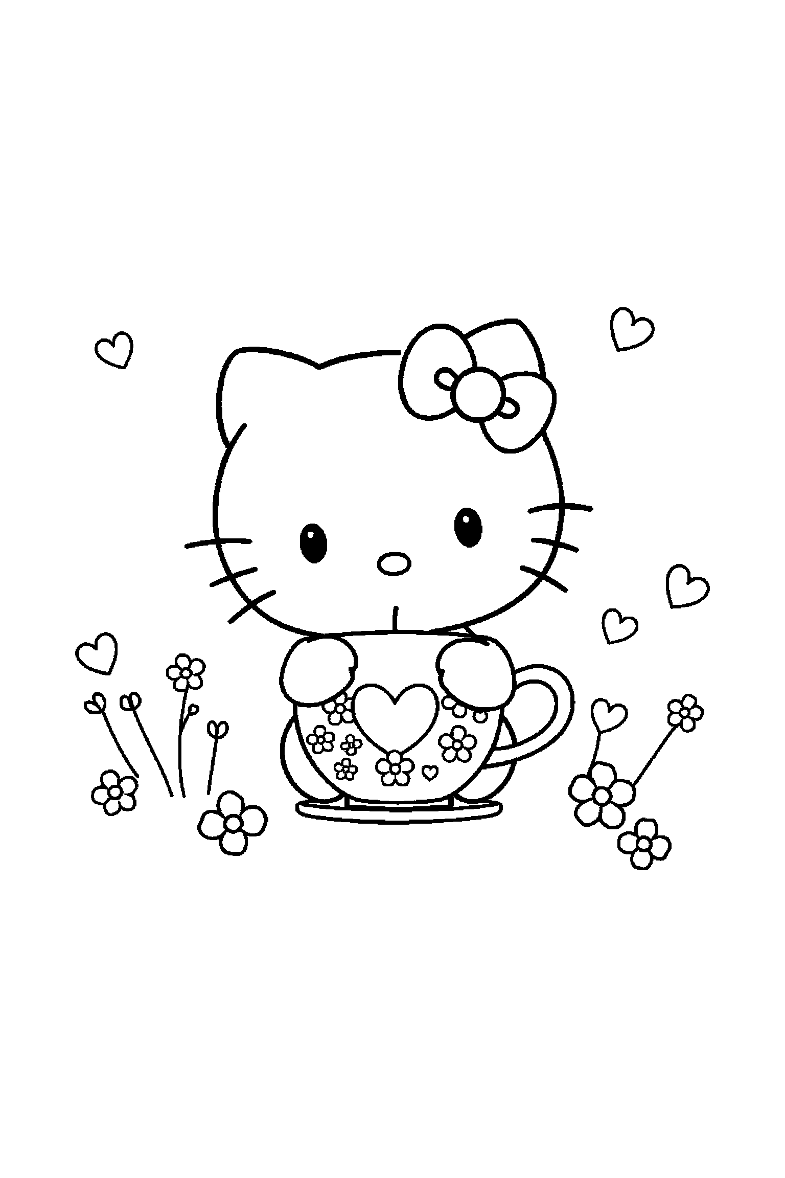 Coloriage Hello Kitty gratuit à imprimer : Pompompurin devant une tasse de thé