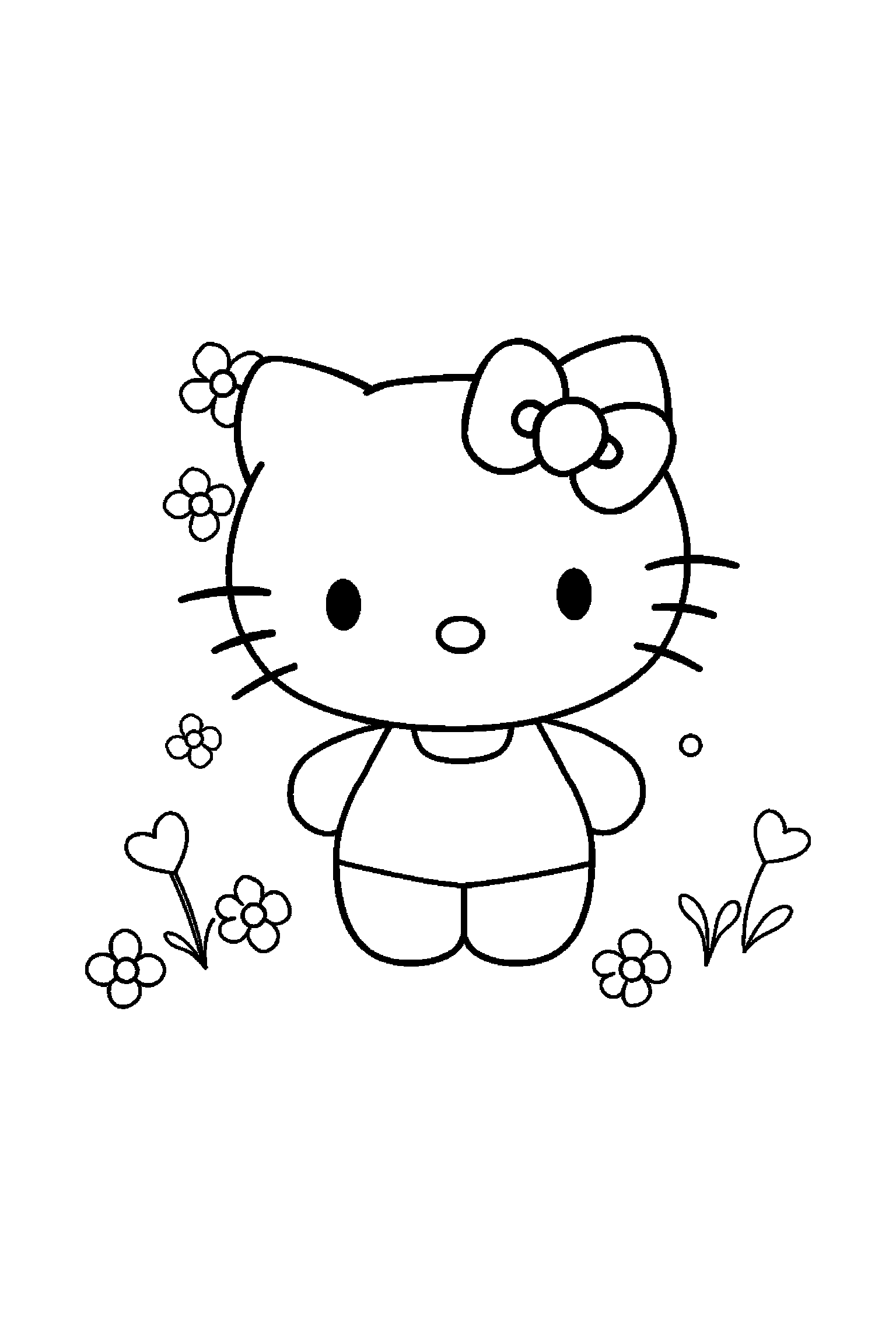 Coloriage Hello Kitty gratuit à imprimer : Hello Kitty avec fleurs autour de lui