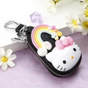 Porte-clés Hello Kitty cuir noir arc-en-ciel