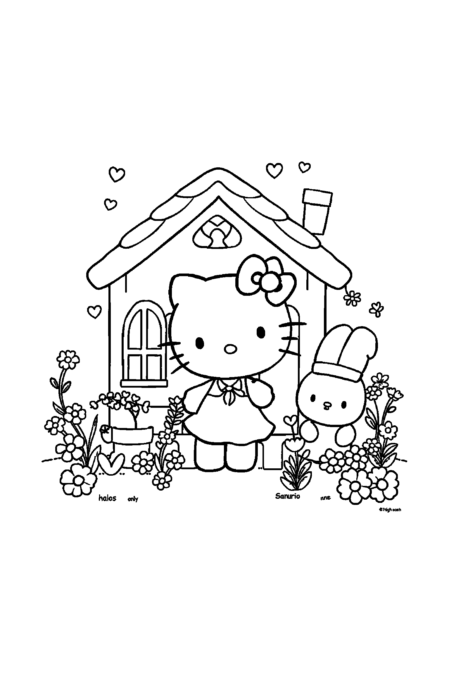 Coloriage Hello Kitty gratuit à imprimer : Hello Kitty dans une maison mignonne