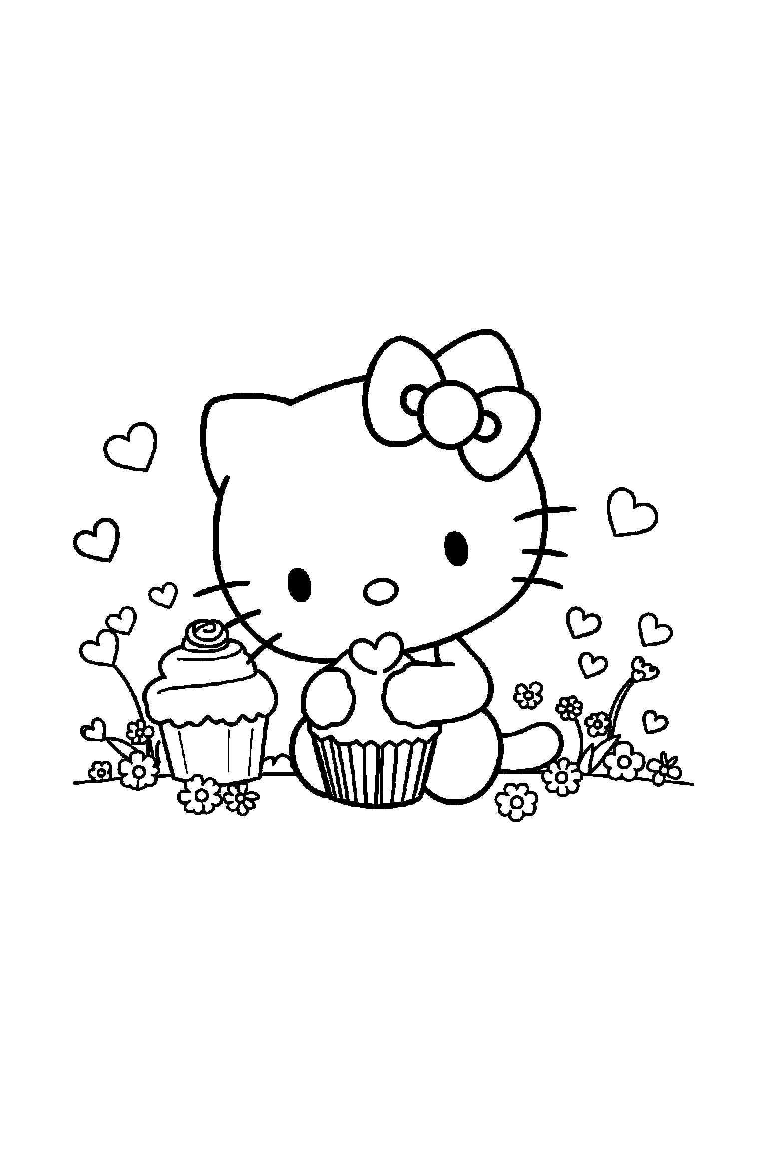 Coloriage Hello Kitty gratuit à imprimer : My Melody avec un cupcake et des motifs cœurs