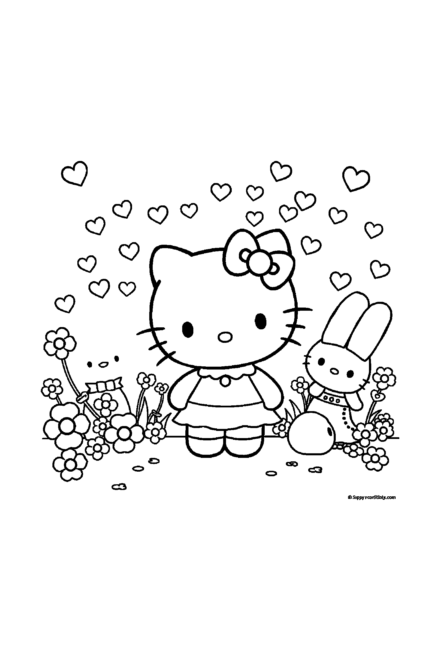 Coloriage Hello Kitty gratuit à imprimer : Keroppi devant un fond décoré avec nœuds