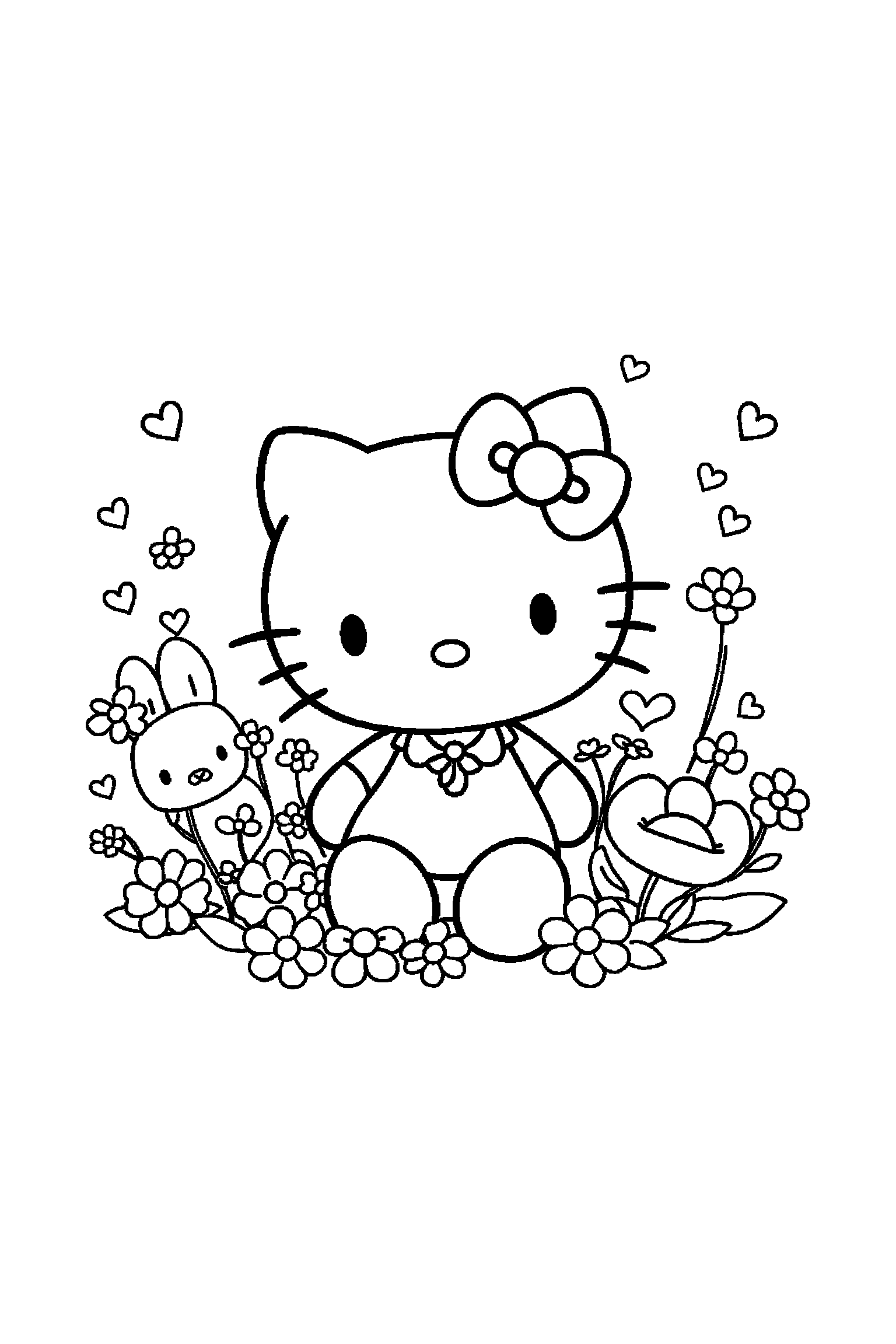 Coloriage Hello Kitty gratuit à imprimer : Hello Kitty entouré par des motifs fleurs