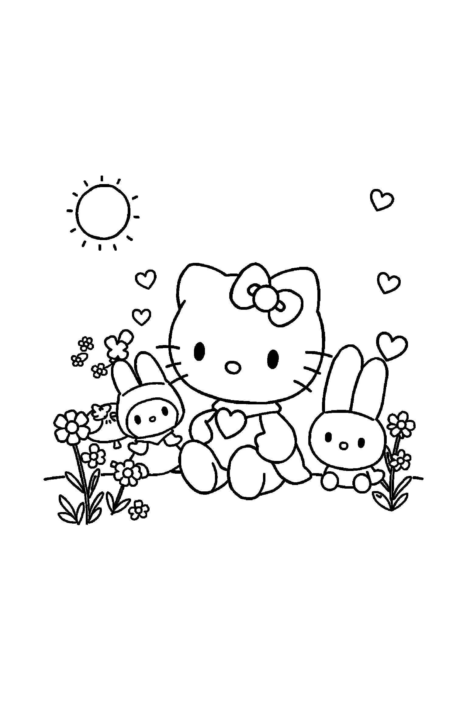 Coloriage Hello Kitty gratuit à imprimer : Kuromi dans une scène joyeuse