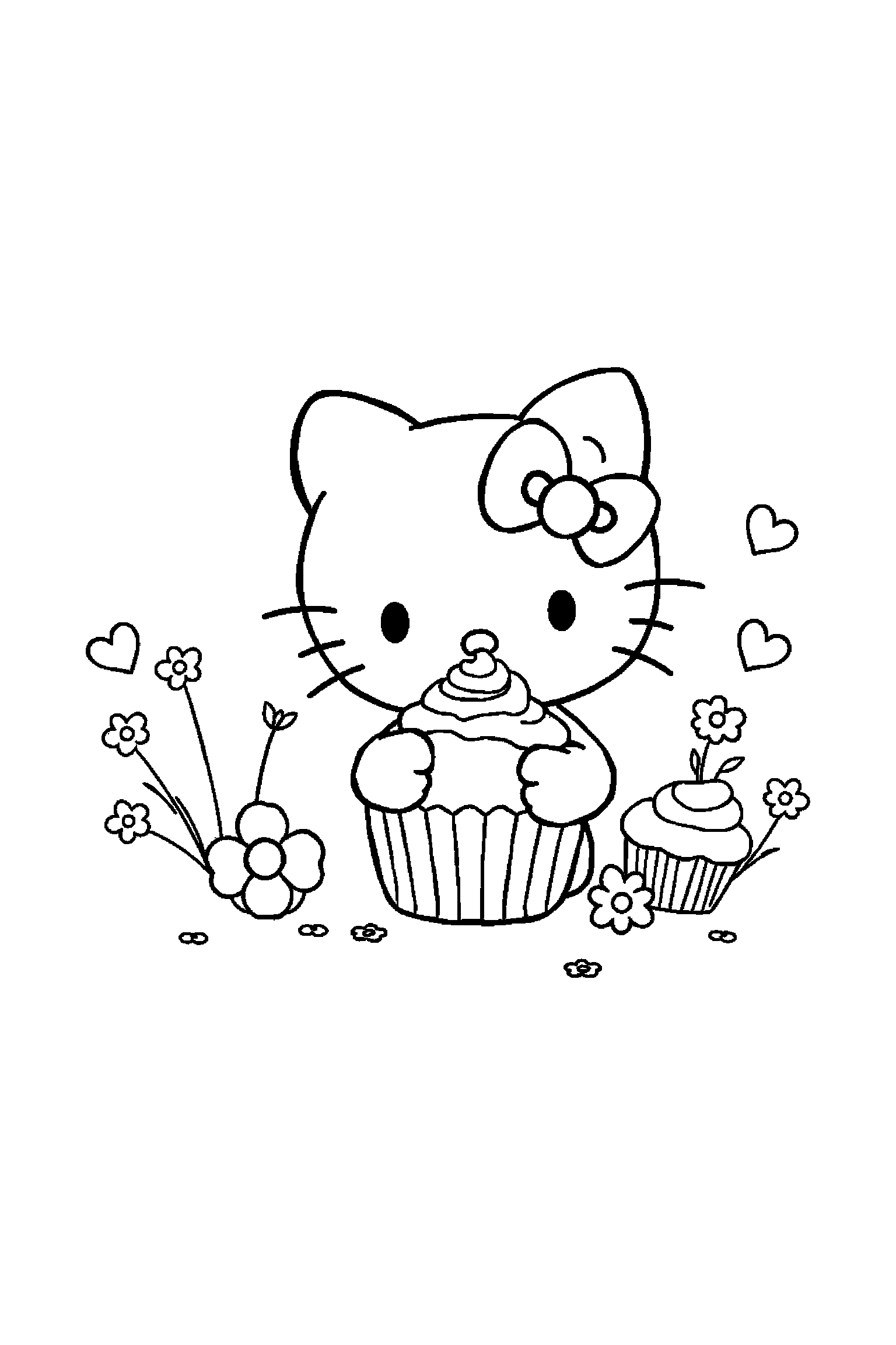 Coloriage Hello Kitty gratuit à imprimer : Pompompurin avec un cupcake sur un fond clair