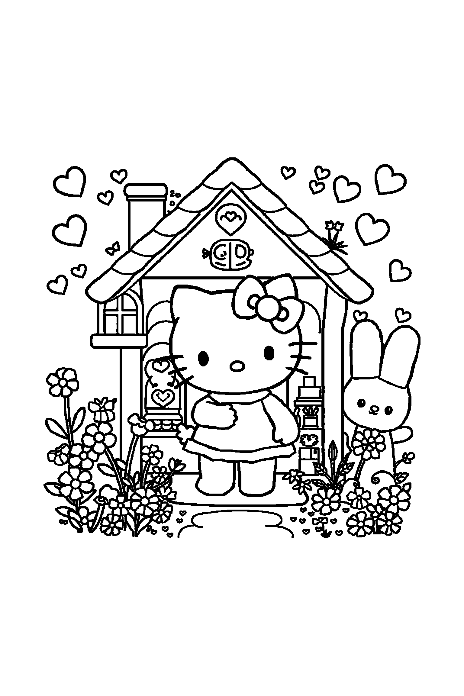 Coloriage Hello Kitty gratuit à imprimer : Hello Kitty dans une maison mignonne avec plusieurs détails