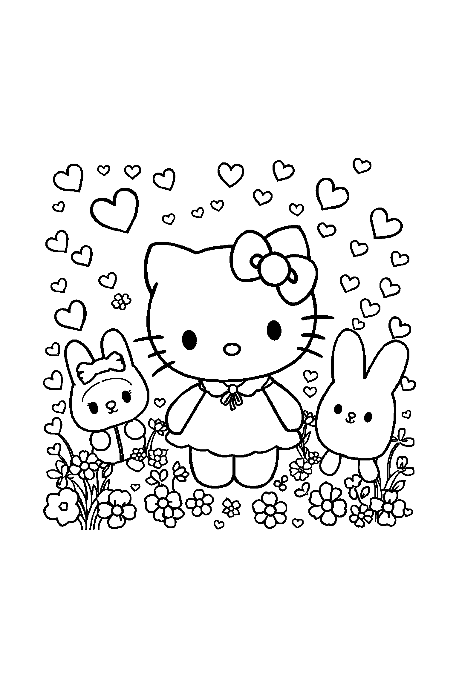 Coloriage Hello Kitty gratuit à imprimer : My Melody entouré par des motifs cœurs et de petits objets