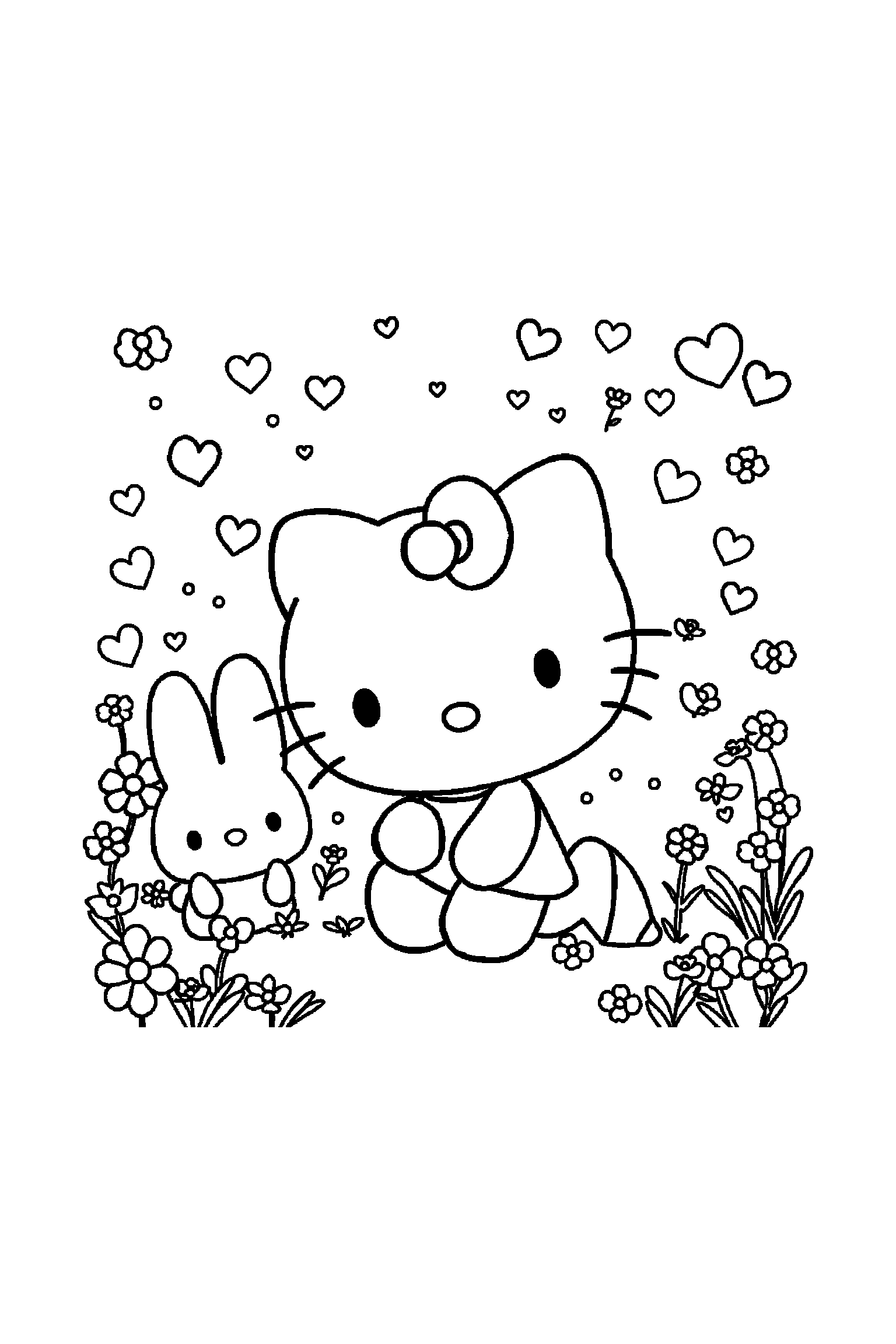 Coloriage Hello Kitty gratuit à imprimer : scène verticale avec Kuromi et les amis Sanrio