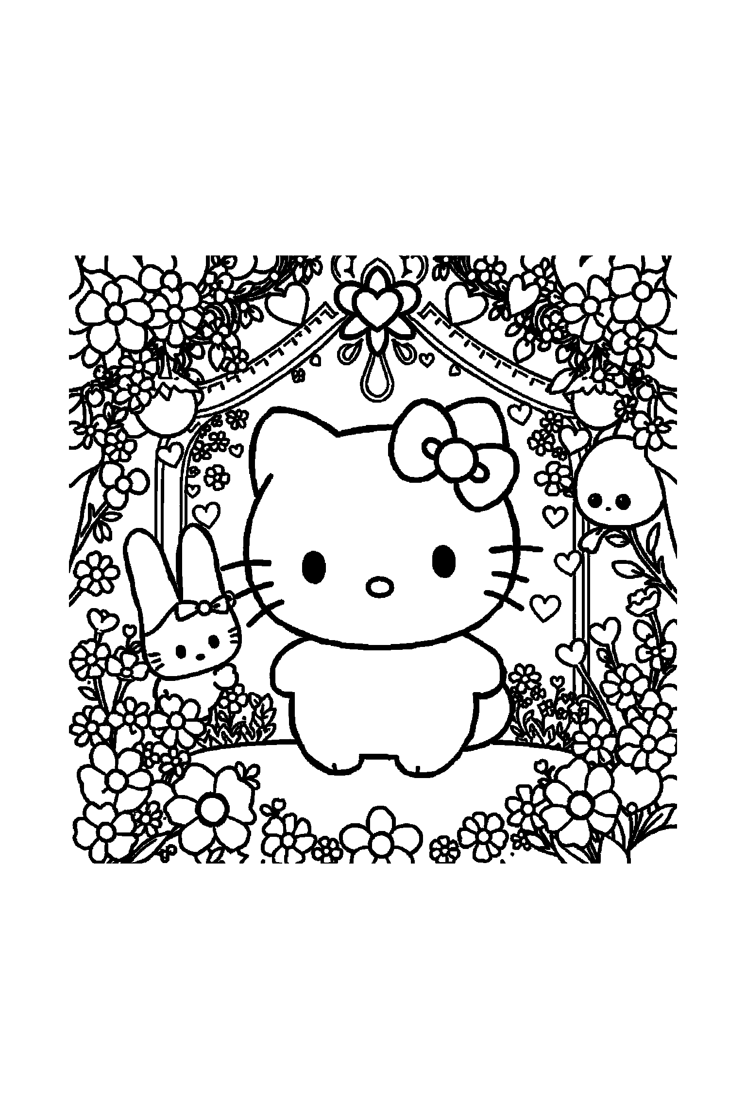 Coloriage Hello Kitty gratuit à imprimer : Cinnamoroll au centre d'un décor riche mais lisible