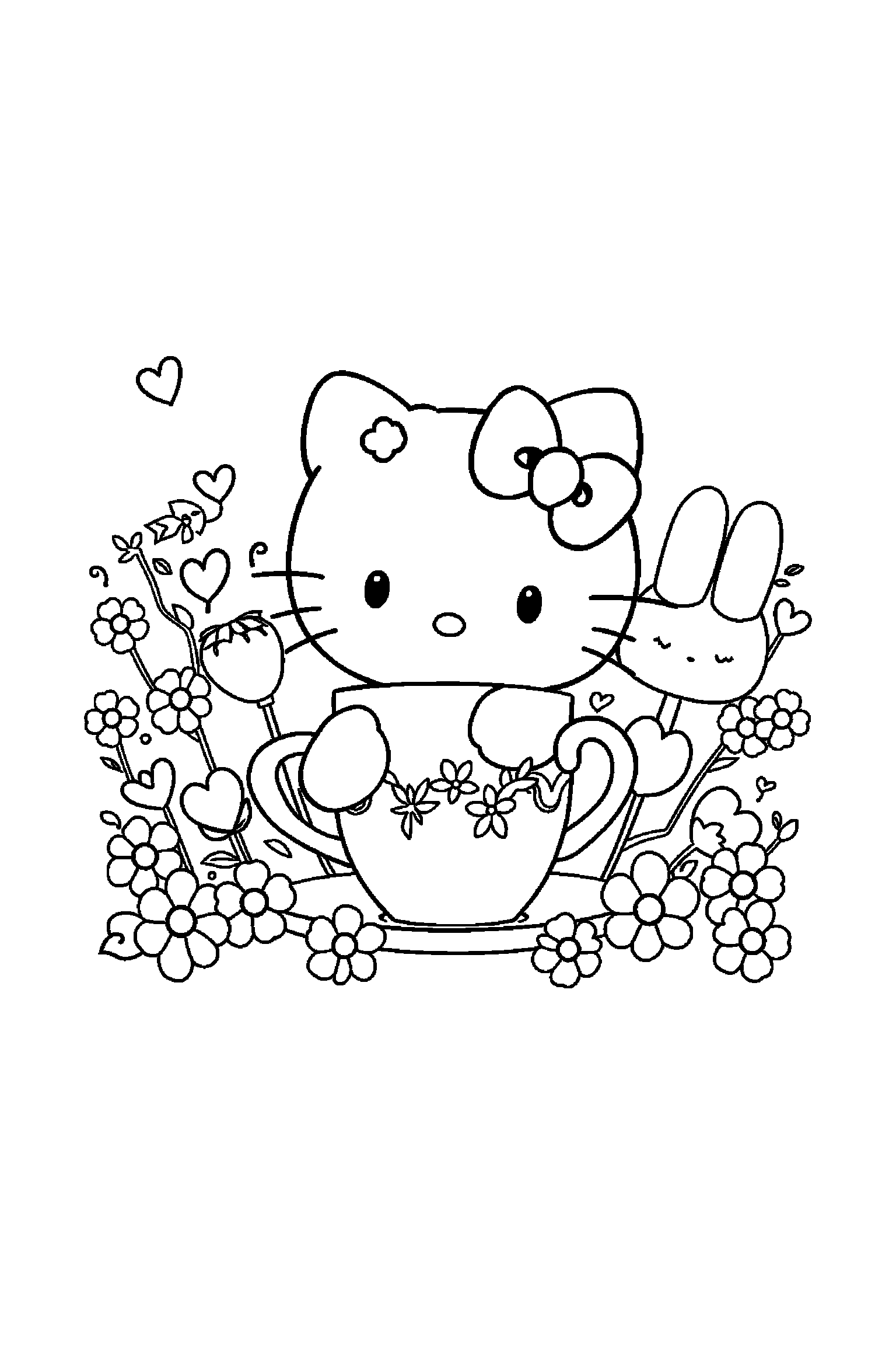Coloriage Hello Kitty gratuit à imprimer : Pompompurin avec une tasse de thé, fraises et arrière-plan complet