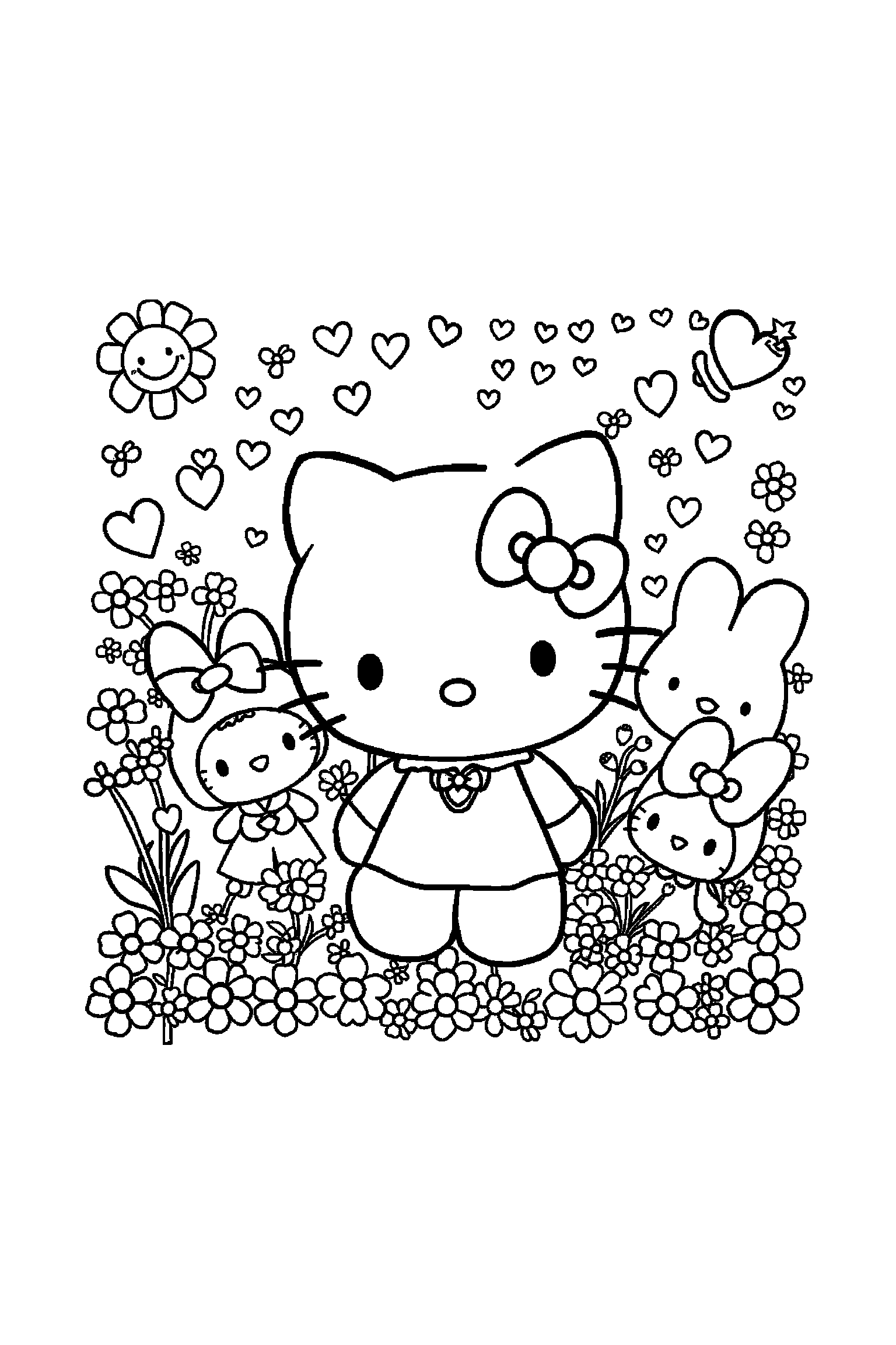 Coloriage Hello Kitty gratuit à imprimer : les amis Sanrio dans une composition d'affiche à colorier