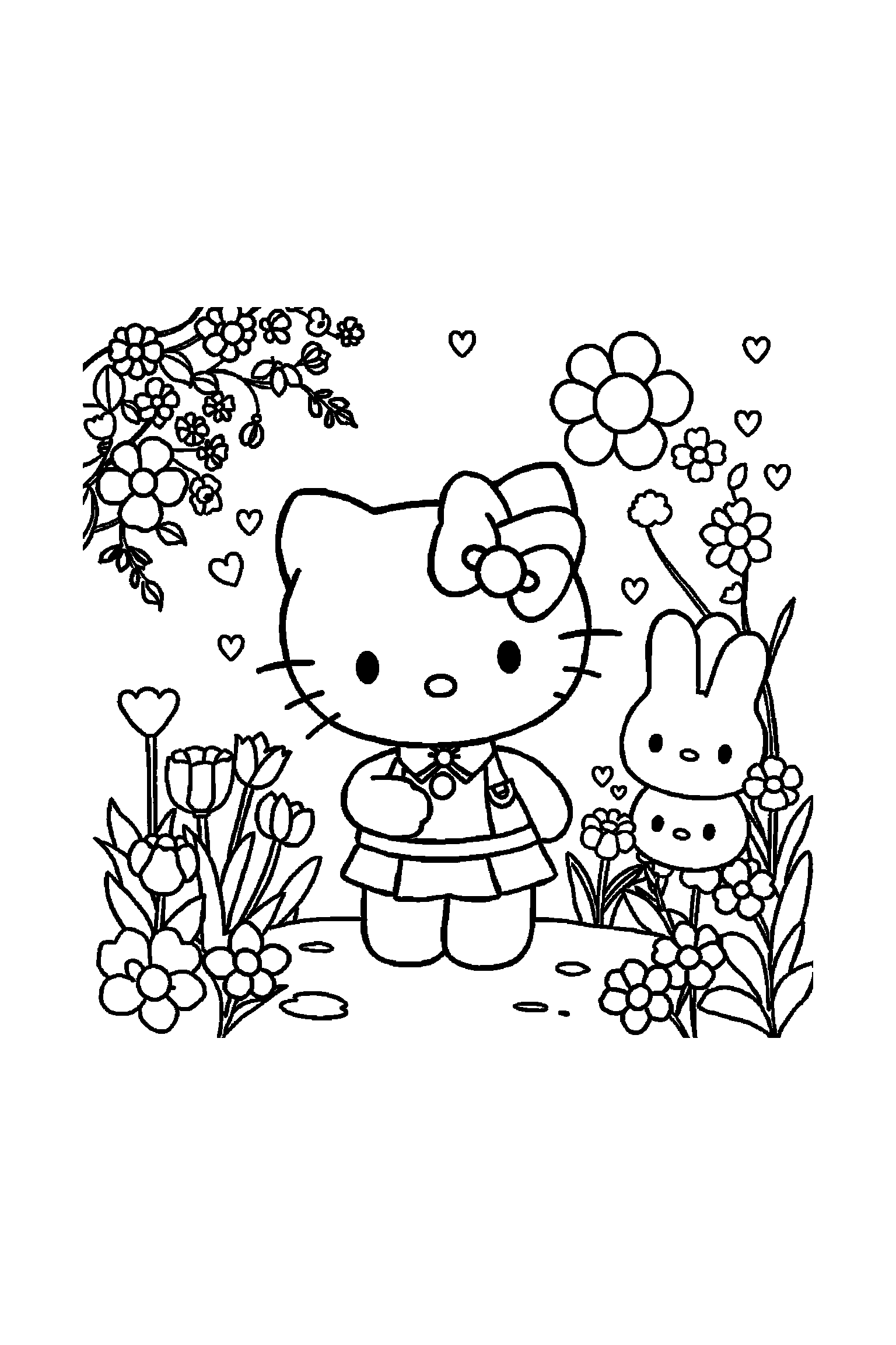 Coloriage Hello Kitty gratuit à imprimer : Badtz-Maru devant un jardin de fleurs avec accessoires