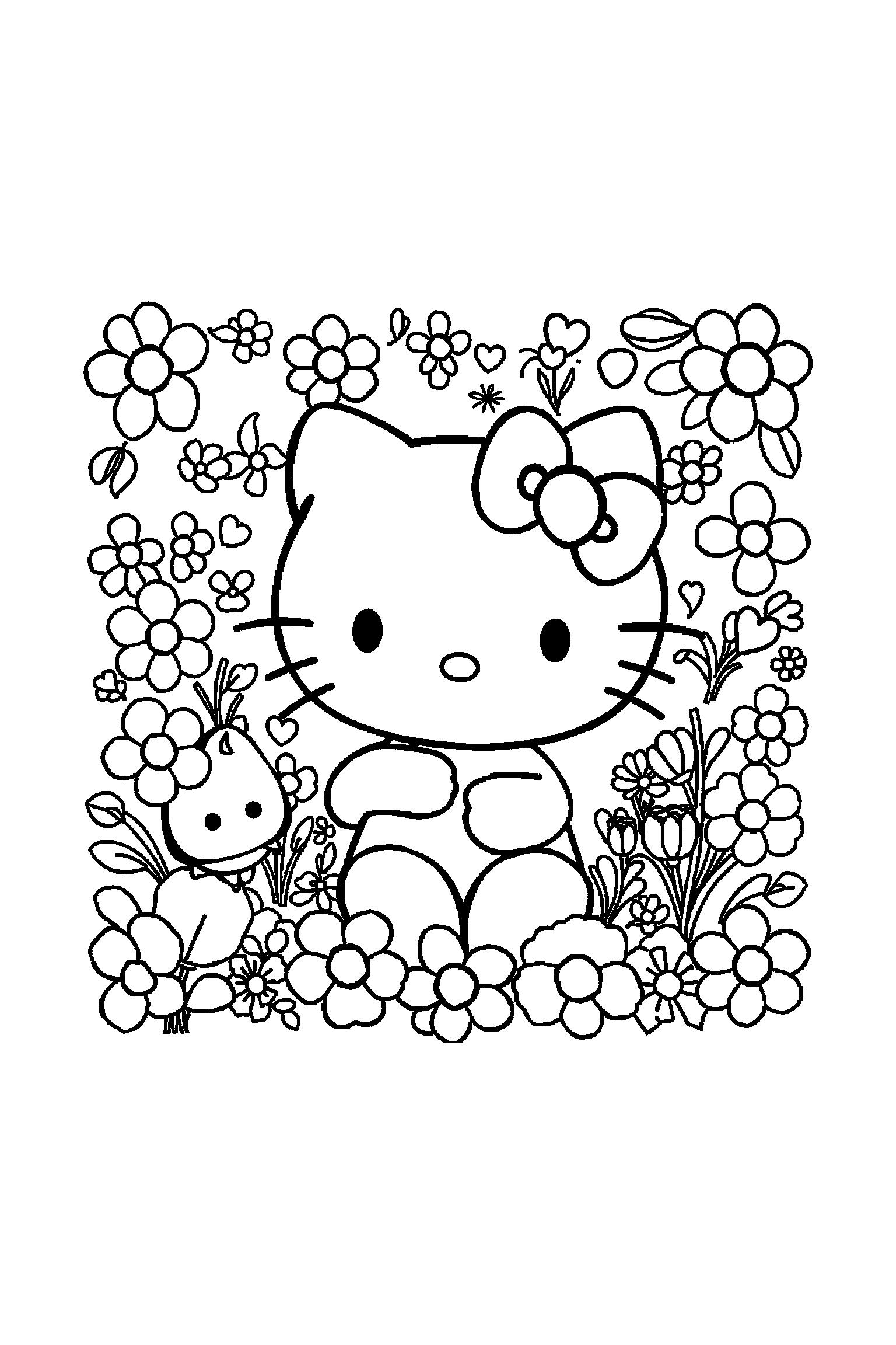 Coloriage Hello Kitty gratuit à imprimer : Hello Kitty dans un cadre floral ou graphique