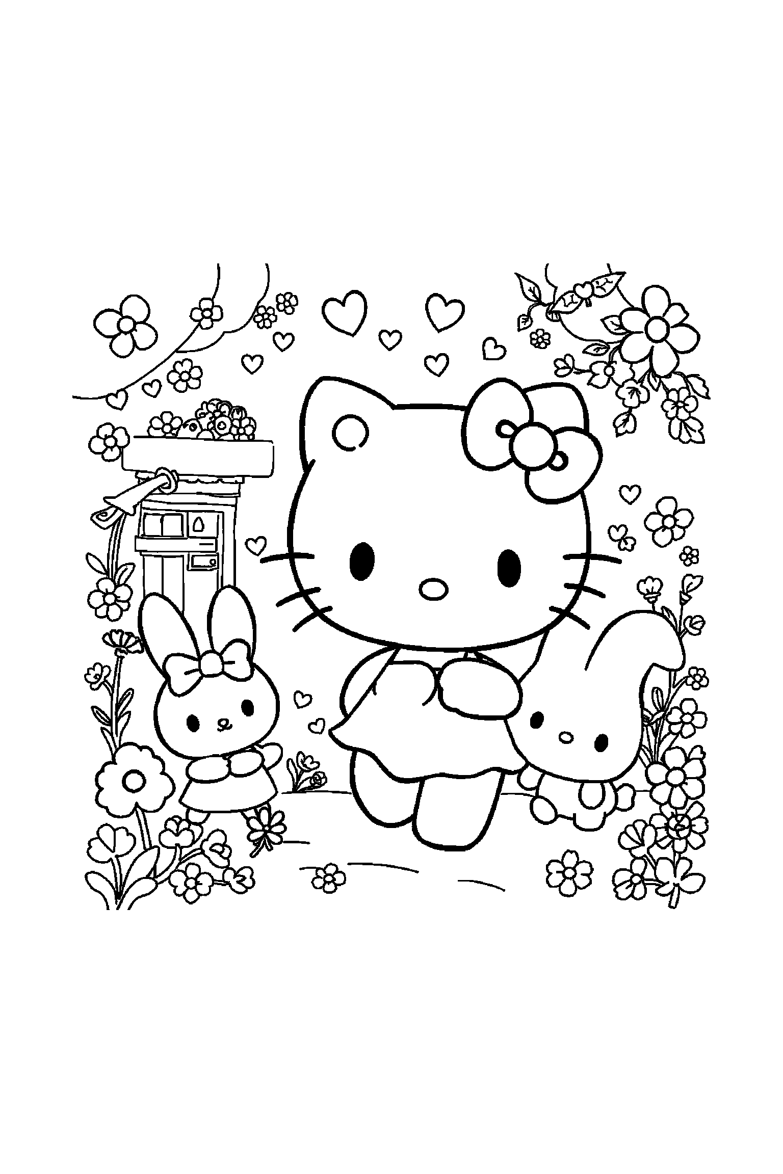 Coloriage Hello Kitty gratuit à imprimer : My Melody en action avec décor détaillé