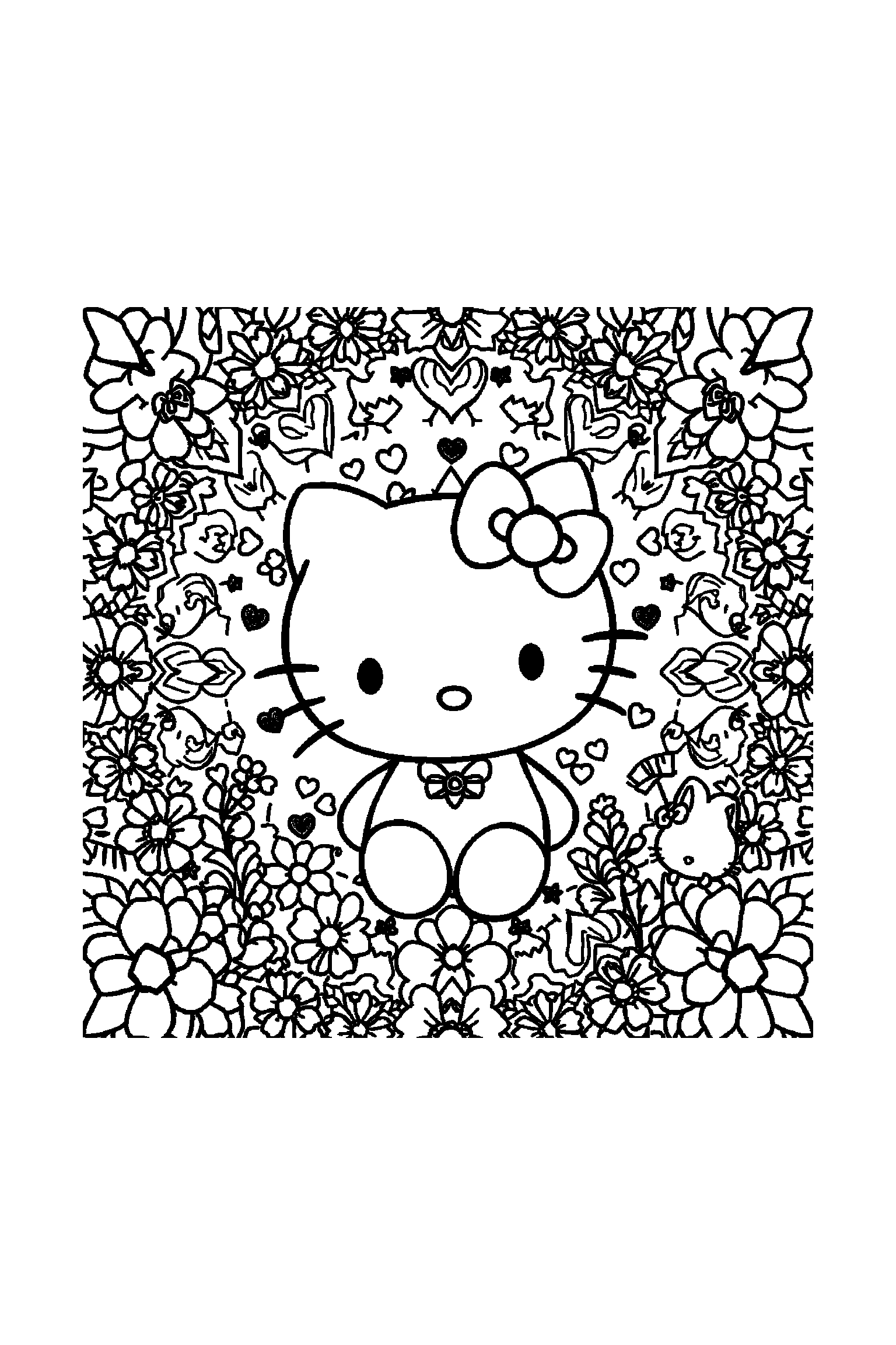 Coloriage Hello Kitty gratuit à imprimer : Hello Kitty dans un grand décor très détaillé