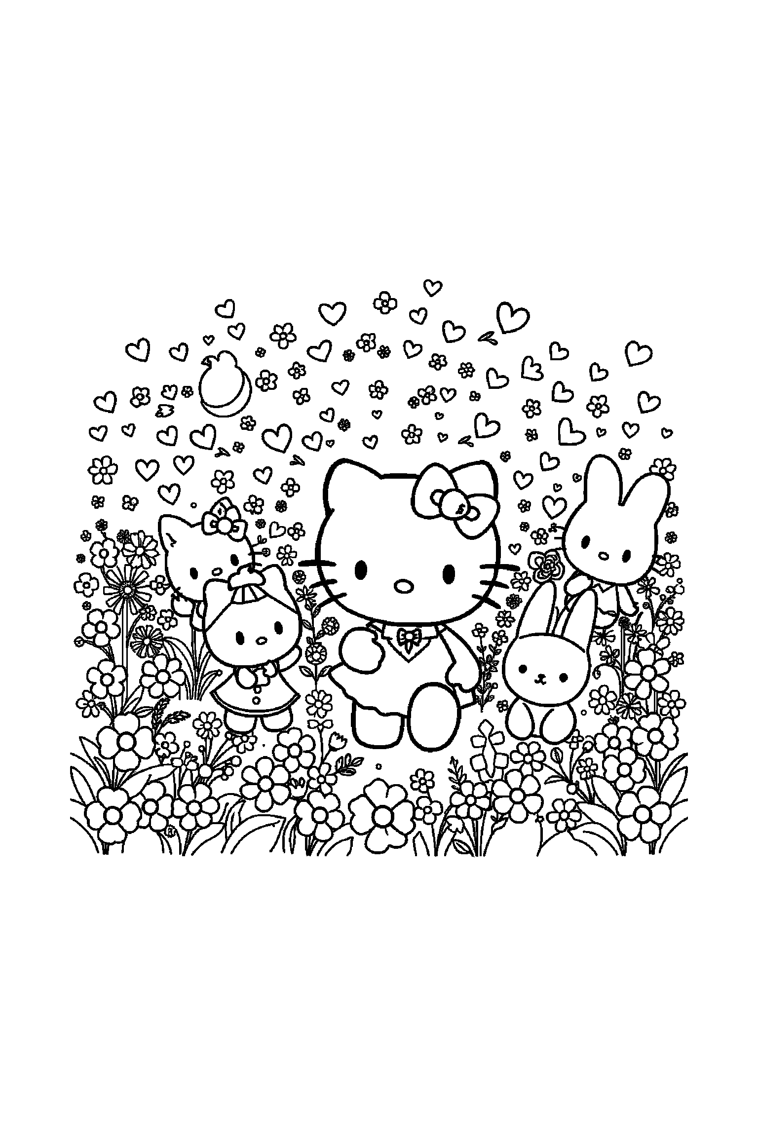 Coloriage Hello Kitty gratuit à imprimer : les amis Sanrio dans une scène panoramique à colorier