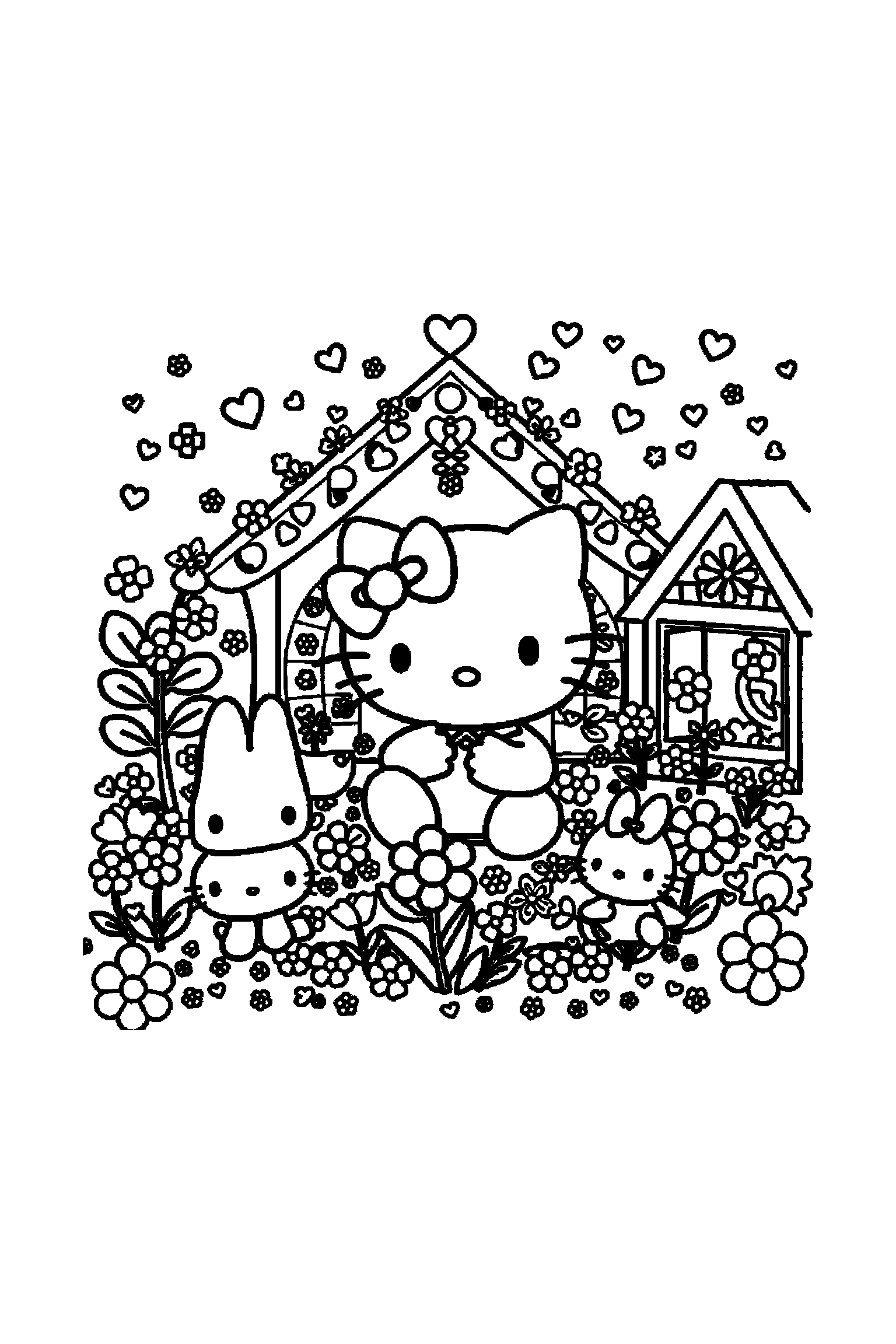 Coloriage Hello Kitty gratuit à imprimer : Keroppi dans une maison mignonne avec nombreux petits éléments
