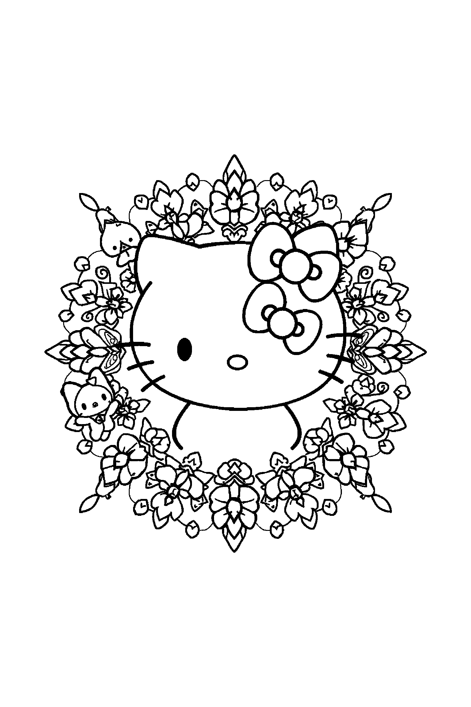 Coloriage Hello Kitty gratuit à imprimer : les amis Sanrio entouré de motifs répétitifs