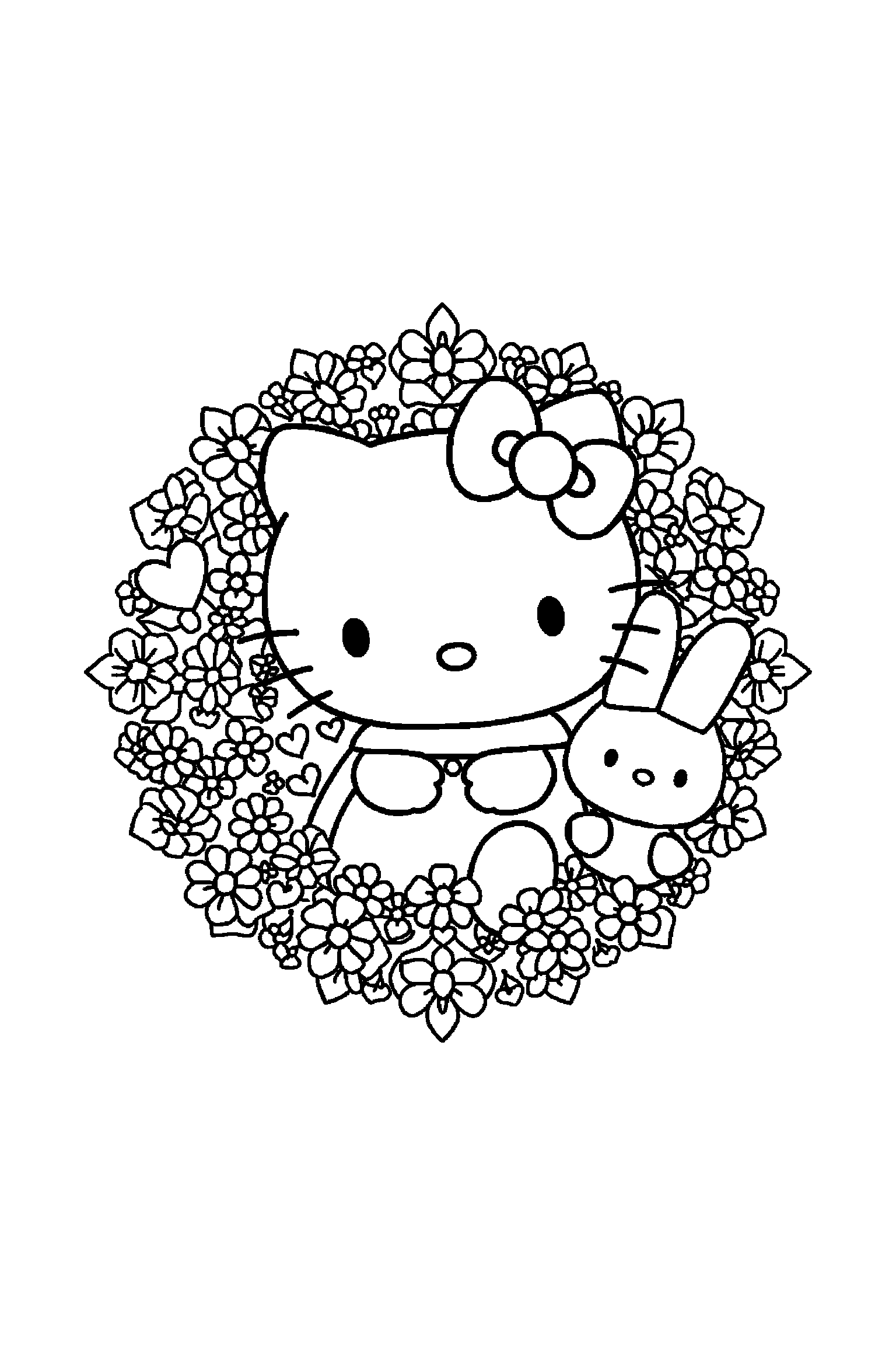 Coloriage Hello Kitty gratuit à imprimer : composition A4 dense avec My Melody et un ours en peluche