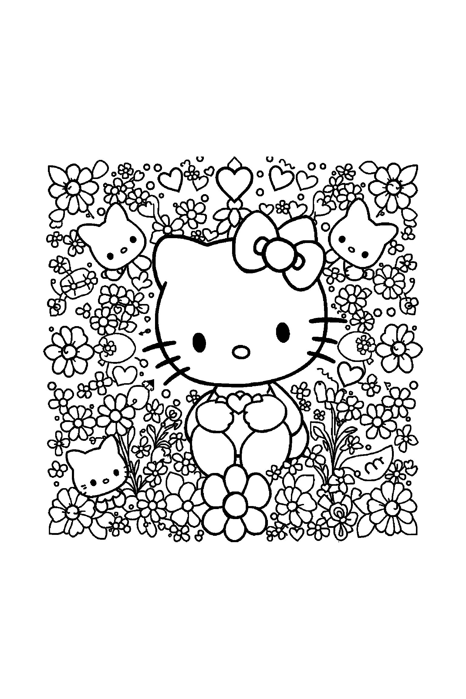 Coloriage Hello Kitty gratuit à imprimer : Kuromi au milieu d'un décor complet de Sanrio