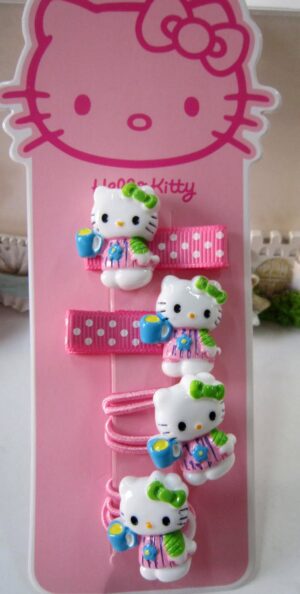 Barrette et élastique Hello Kitty rose bleu vert